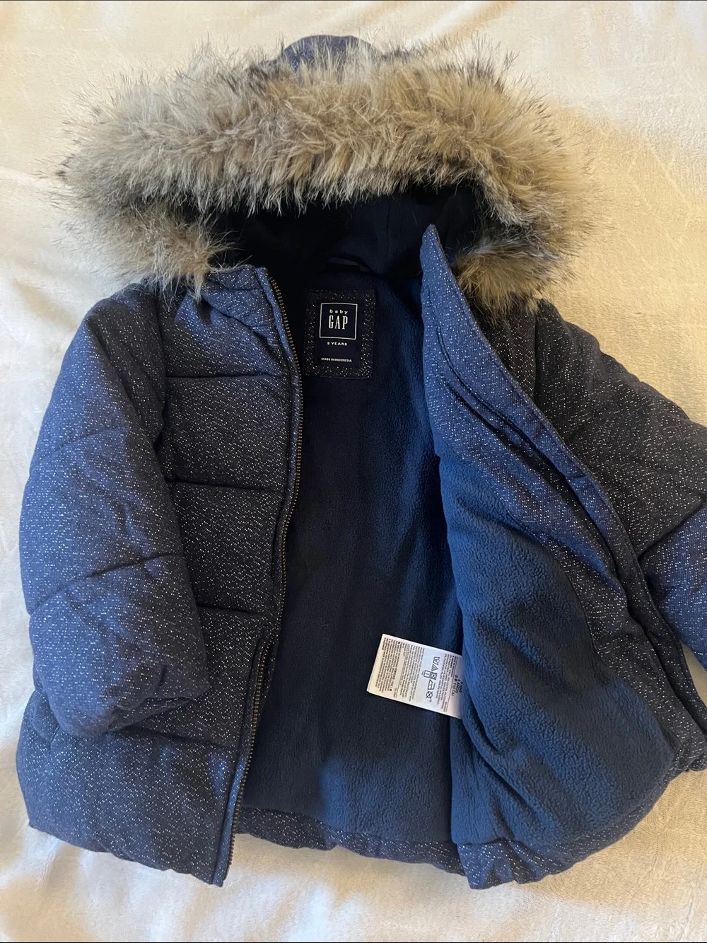 GAP Navy Speckle Puffer Jacket with Faux Fur Hood